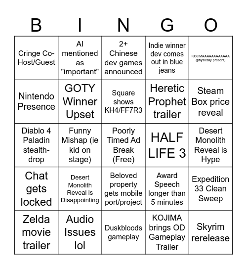 GAME AWARDZZZ Bingo Card