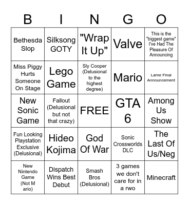 Game Awards Bingo Card