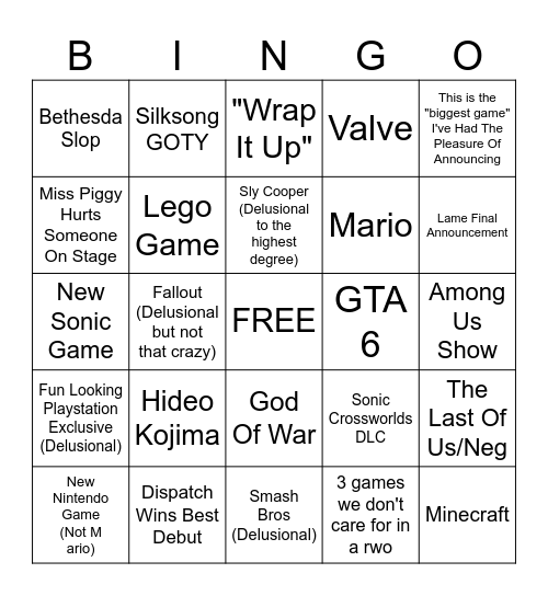 Game Awards Bingo Card