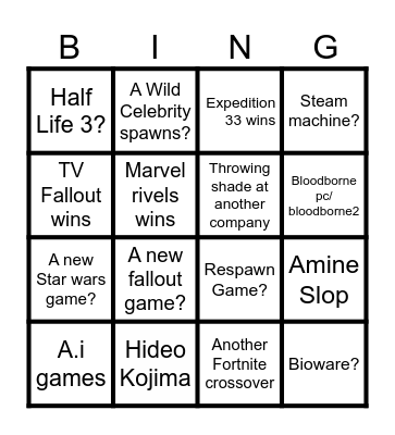 Game Awards 2025 Bingo Card