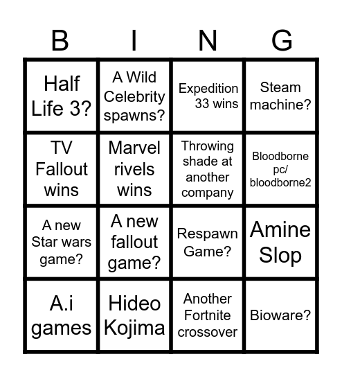 Game Awards 2025 Bingo Card