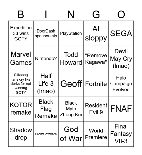 THE GAME AWARDS 2025 Bingo Card