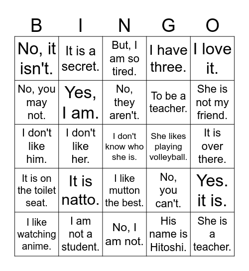 Come Up to Us Bingo Card