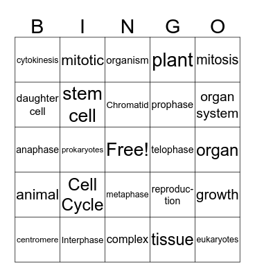 Cells to Organisms Bingo Card