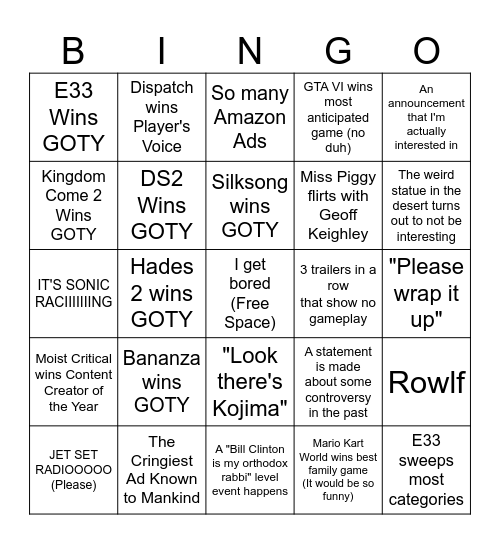 TGA 2025 Bingo Card