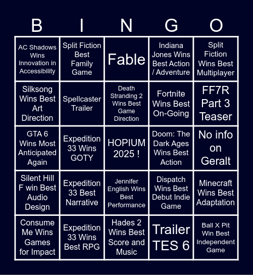 The Game Awards 2025 Bingo Card