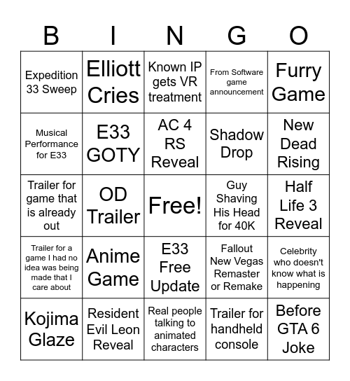 Elliott Game Awards 2025 Bingo Card
