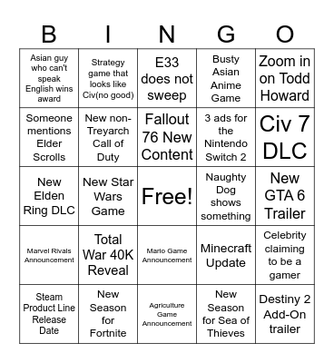 Chris Game Awards 2025 Bingo Card