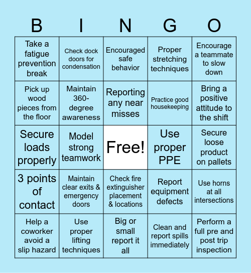 January 2026 Safety Bingo Card