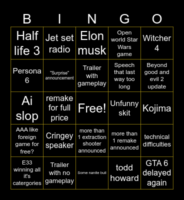 Game Awards 2025 Bingo Card