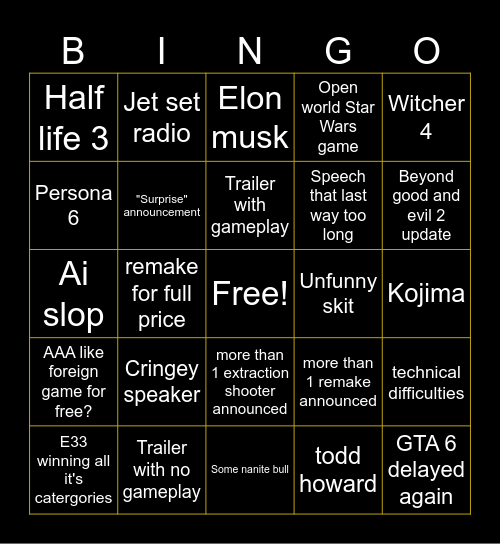 Game Awards 2025 Bingo Card