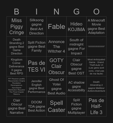 The Game Awards 2025 Bingo Card