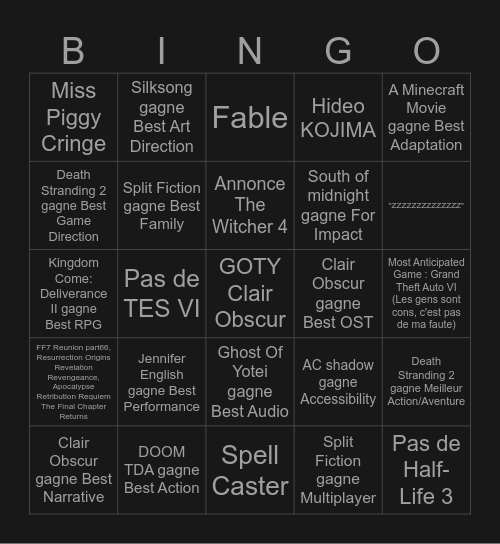The Game Awards 2025 Bingo Card