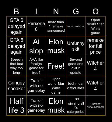 Game Awards 2025 Bingo Card
