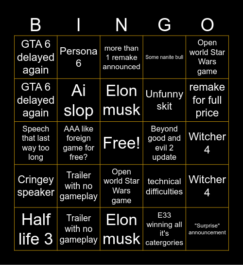 Game Awards 2025 Bingo Card