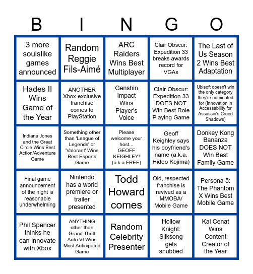 2025 Video Game Awards Bingo Card