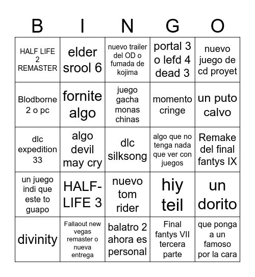 game awards 2025 Bingo Card