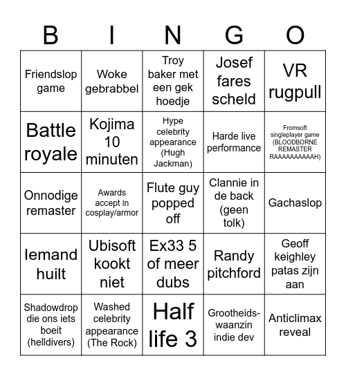 Game awards Bingo Card