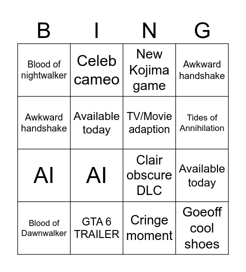 Game Awards 2025 Bingo Card