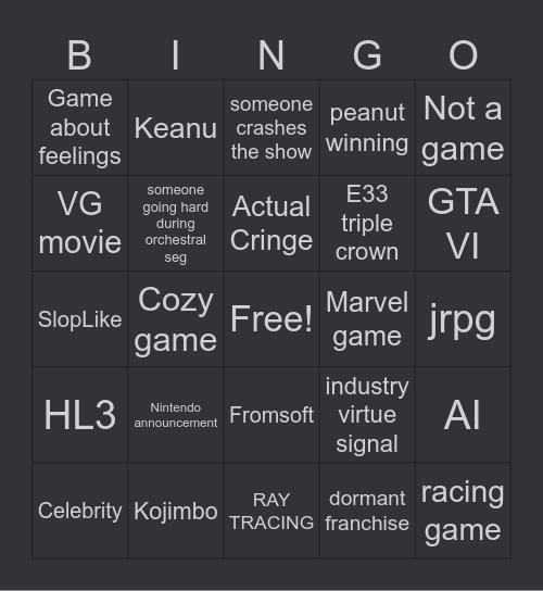 Game Awards 2025 Bingo Card