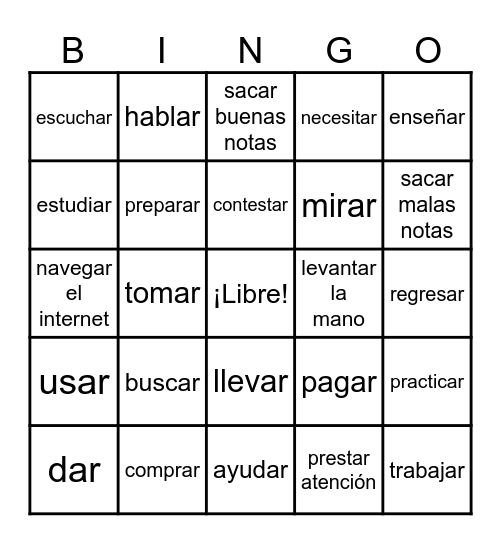 Regular -AR Verbs Bingo Card
