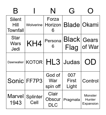 TGA Bingo Card