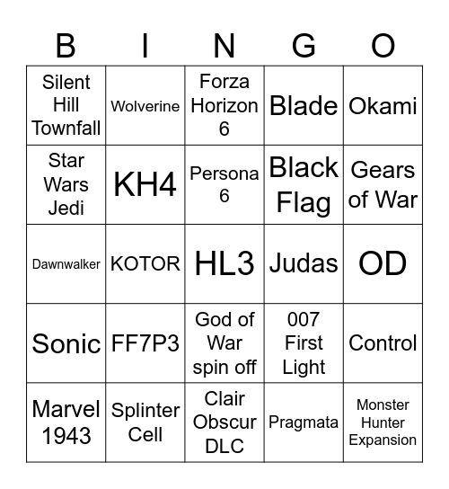 TGA Bingo Card