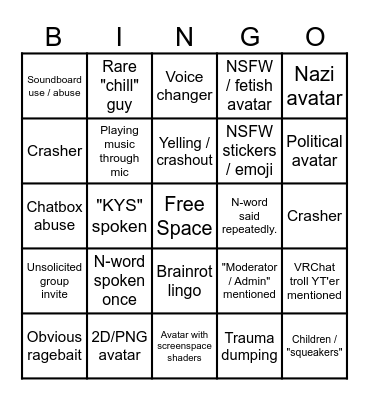 VRChat Public Instance Bingo Card