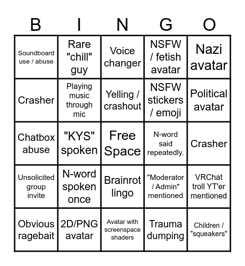 VRChat Public Instance Bingo Card