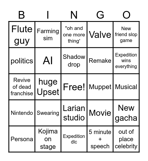 Games award Bingo Card