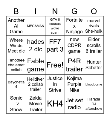 Game Awards 2026 Bingo Card