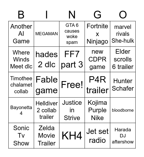 Game Awards 2026 Bingo Card