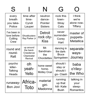 songs from Stranger Things Bingo Card