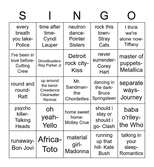 songs from Stranger Things Bingo Card