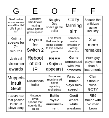 Game Awards Bingo Card