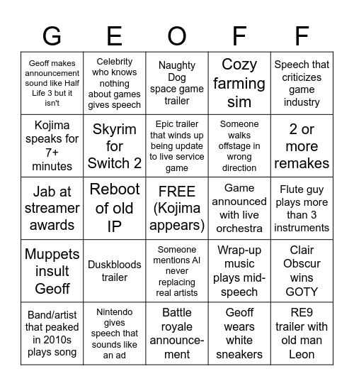 Game Awards Bingo Card