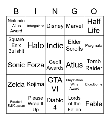 Game Awards Bingo Card
