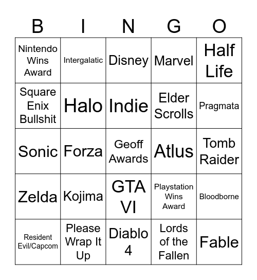 Game Awards Bingo Card
