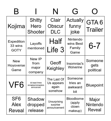 Game Awards 2025 Bingo Card