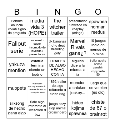 The Game Awards 2025 Bingo Card
