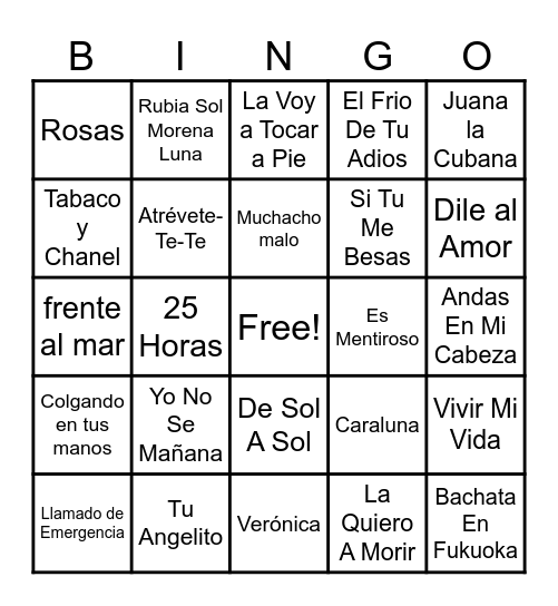 Bingo Musical Bingo Card