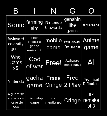 Game Awards 2025 Bingo Card
