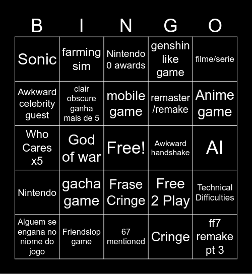 Game Awards 2025 Bingo Card