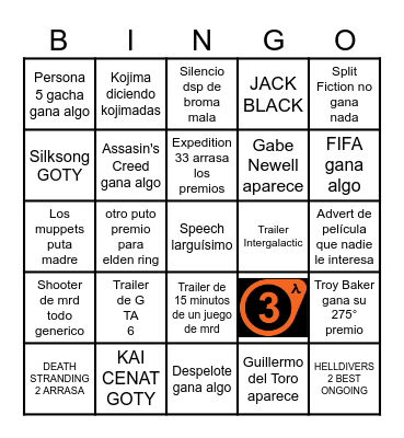GAME AWARDS 2025 Bingo Card