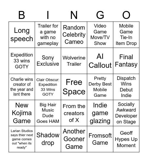 The Game Awards 2025 Bingo Card