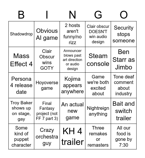 Game Awards 2025 Bingo Card