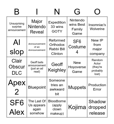 Game Awards 2025 Bingo Card