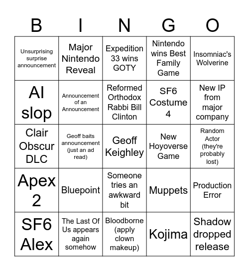 Game Awards 2025 Bingo Card