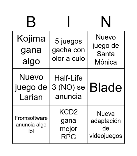 Goty Bingo Card