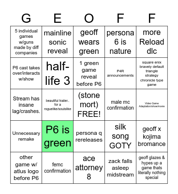 TGA P6 BINGO Card